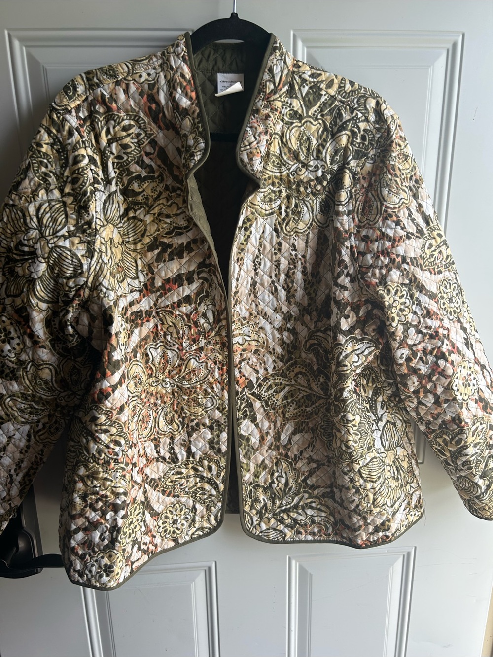 Alfred Dunner Quilted Floral Paisley Puffer Jacket in Olive, Cream & Tan